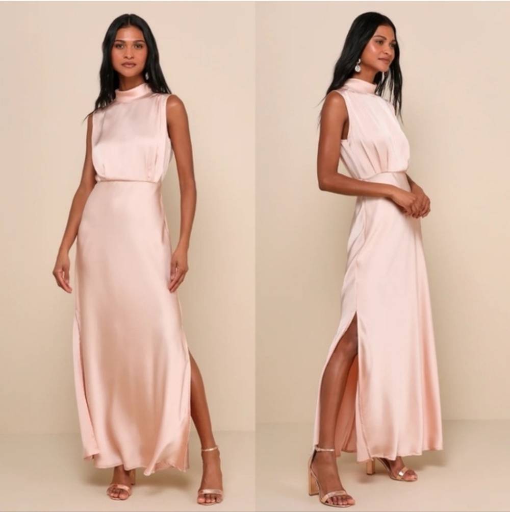 Lulus Classic Elegance Blush Satin Sleeveless Mock Neck Side Slit Maxi Dress